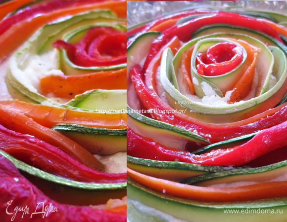 По кругу, начиная с центра, выкладываем пластины овощей, немного внахлест, чередуя их по цвету.