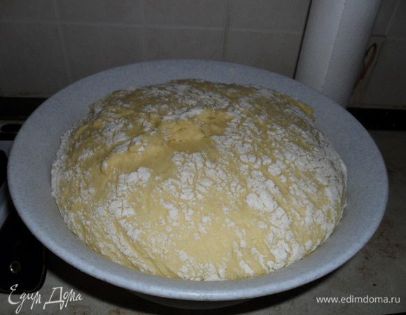 В яйца влить дрожжи с молоком и всыпая понемногу муку, замесить тесто. Оно должно быть мягким, но отходить от рук. Дать подойти 1,5-2 часа. 