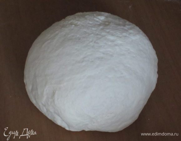 Тесто переложить на присыпанную мукой рабочую поверхность и вымесить тесто 5 минут, пока не станет эластичным.