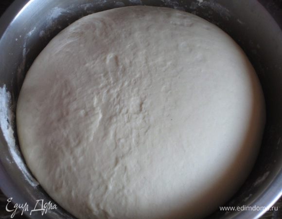 Выложить тесто в форму, смазанную растительным маслом, накрыть влажным полотенцем и поставить в тёплое место на 1.5 часа (тесто увеличится в объёме вдвое).