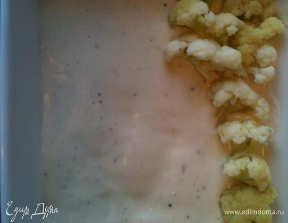 На дно формы для запекания выкладываем половину соуса Бешамель. И поверх  выкладываем капусту.