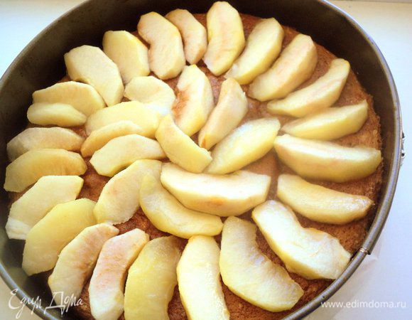 Бисквит смочить кисточкой сиропом, в котором варились яблоки. На бисквит выложить яблоки.