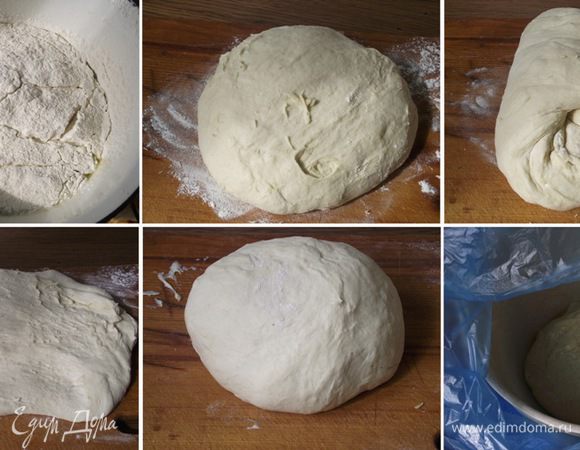 Просеять половину муки и замесить тесто, продолжая добавлять порциями оставшуюся часть муки. Для легкого замеса смазать руки оливковым маслом. Тесто замешиваем интенсивно, растягивая его и складывая в несколько слоев. Вмешиваем в тесто небольшими кусочками сливочное масло. Тесто должно получиться гладким, мягким и однородным. Смазать миску оливковым маслом и отправить в нее тесто, укутав пакетом. Тесто должно увеличиться в объеме в 2 раза.