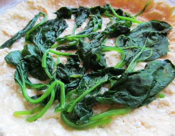 Выкладываем шпинат на тесто.