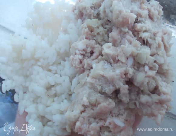 Куриный фарш(у меня было мясо с бедрышек) перемешать, с предварительно сваренным до полу готовности рисом.