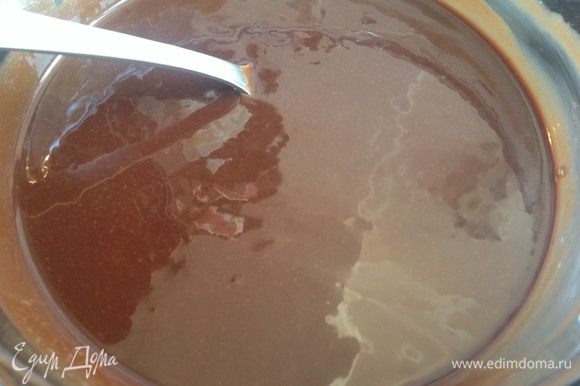 Поставьте жаропрочную миску на водяную баню, выложите в нее сливочное масло, сахар и 200 г темного шоколада. Вымешивайте, пока масса не станет однородной. Немного остудите...