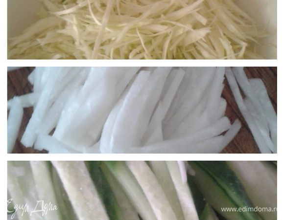 Овощи помыть, почистить. Капусту нашинковать, редьку и огурец нарезать соломкой, посолить, поперчить добавить изюм, мелко порубленную зелень и зеленый горошек.