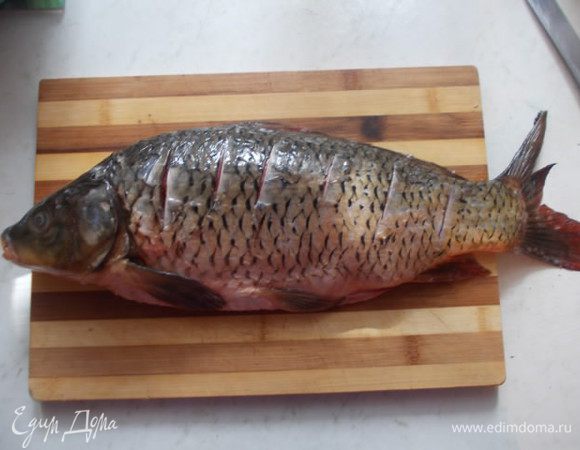 Карпа почистить хорошо,вымыть и высушить полотенцем. Сделать надрезы вдоль, не очень глубокие. Посолить и поперчить, я использую для рыбы специальную специю,  лимонный перец, очень здорово подходит.