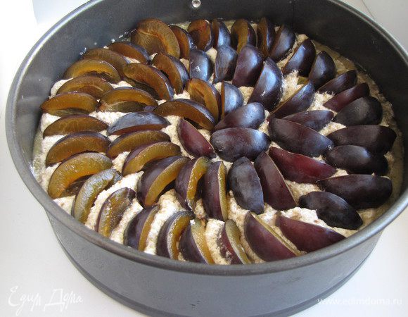 На начинку выложить половинки слив, немного вдавливая их в крем.