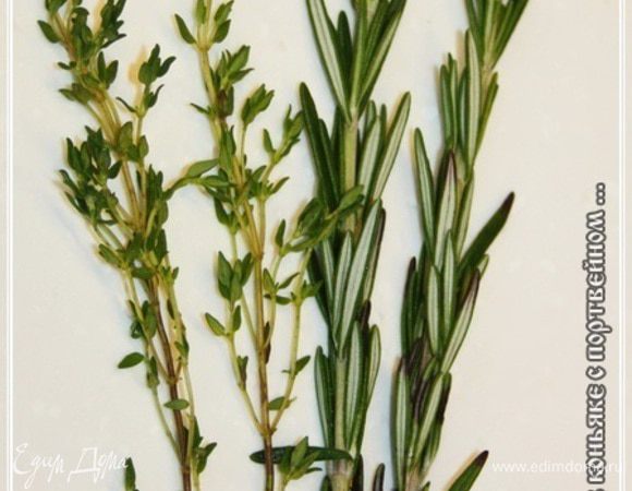 Розмарин и тимьян. В дело пошло даже не по две веточки, а по полторы. Только листики  них ощипать надо будет, остальное можно скормить … рыбкам в аквариуме. Говорят, они обожають эти стебельки.