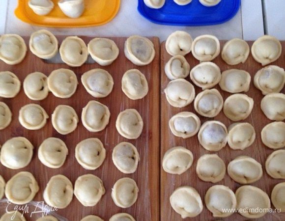 Раскатываем тесто и вырезаем из него кружочки (я использовала рюмку), в каждый из которых кладем фарш (примерно чайная ложка). Складываем кружочек пополам в виде полумесяца, а потом соединяем кончики. Получается пельмешка. В таком же ритме лепим все остальные. Когда пельмяши готовы, то кладем их на доску или противень или форму и кладем их в морозильник. Теперь в любое время можно отварить свои, домашние пельмяши, приятного аппетита) 