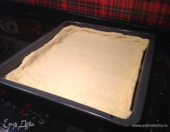 Духовку разогрейте до 200 градусов. 
На присыпанной мукой поверхности, раскатайте тесто в тонкий пласт. Выложите на противень, застеленный бумагой для выпечки, сделайте невысокие бортики.