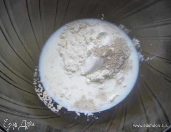 В теплом молоке развести дрожжи  и муку, хорошо перемешать.
Убрать в теплое место, на 15-20 минут.