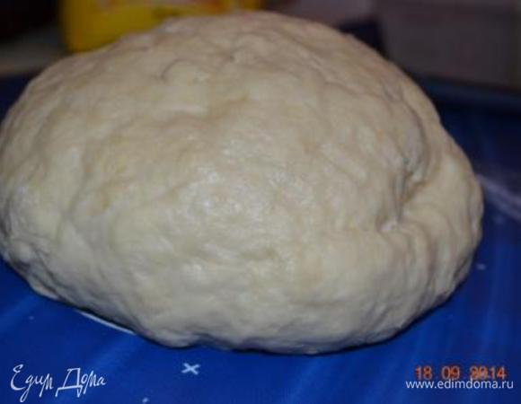 Ввести в жидкие ингредиенты.  Как я уже писала, муку постепенно вводим и смотрим на результат. Тесто должно чуть липнуть к рукам.  (У меня получилось немножко крутое чем нужно) Прикрыть полотенцем и оставить на 2 часа или пока не увеличится в два раза.