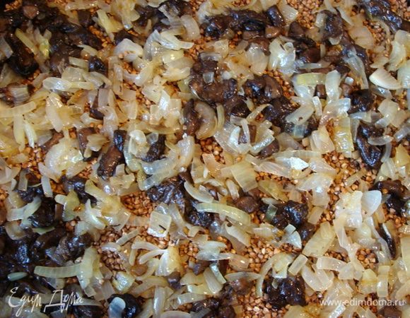 Выложить грибы с луком.