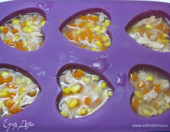 Залить бульоном так, чтобы ещё осталось место для сметанного слоя. Убрать в холодильник.