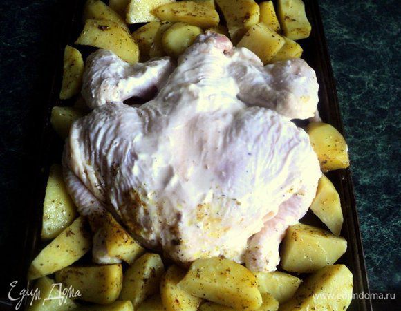 Выложить курицу на смазанный растительным маслом противень, по бокам разложить картофель. Запекать при температуре 200 градусов 1 час.