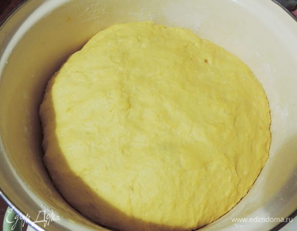 В полученную смесь добавляем готовое тыквенное пюре (я тыкву тушила в мультиварке, затем пюрировала блендером), высыпаем просеянную муку и сухие дрожжи. Замешиваем мягкое, немного липковатое тесто. Муку советую не высыпать всю сразу, ведь ее точное количество зависит от влажности творога, пюре и размера яйца. Так что всыпьте сразу примерно 400 грамм, а потом будете подсыпать понемногу, до получения нужного результата. Если творог у вас нежирный, можете добавить дополнительно 40-50г размягченного сливочного масла.
Собираем тесто в шар, кладем в мисочку, накрываем сухим чистым полотенцем, оставляем на расстойку на час-полтора, до увеличения теста в два-три раза в объеме.