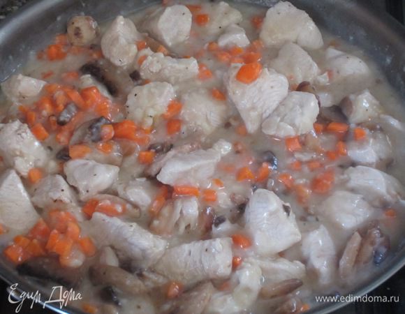 Посыпать через ситечко мукой, влить бульон, добавить морковь, лук и грибы. Посолить и поперчить по вкусу и готовить 50 минут.