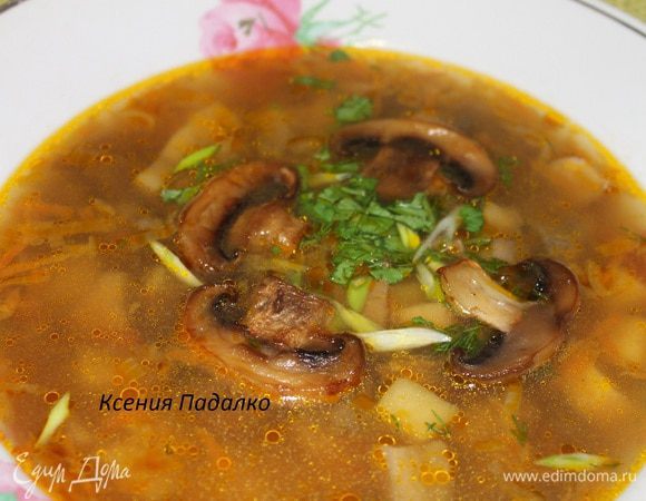 Оставшийся 1 грибок нарезать пластинками и обжарить в 1 ст.л. растительного масла. (это для украшения). Наливаем ароматный супчик по тарелкам, украшаем шампиньонами и зеленью. Приятного аппетита!!!!