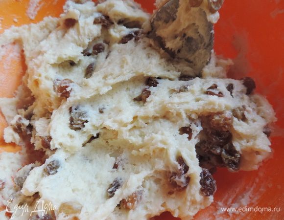 Делим его на две части. В одну добавляем распаренный изюм, в другую какао.