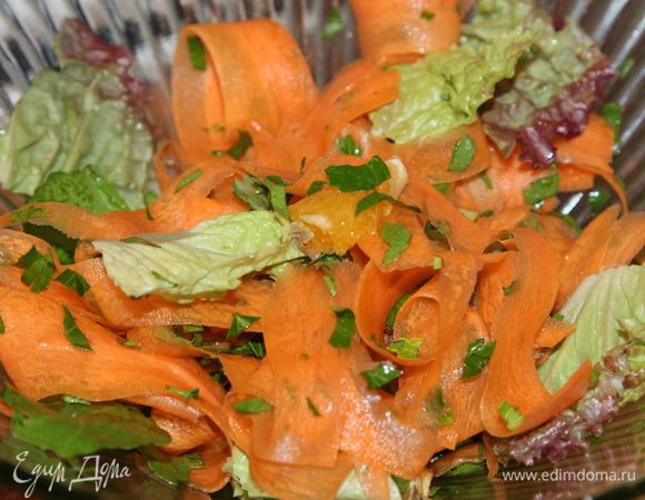 морковь нарезаем тоненькими пластинами, петрушку рубим, два колечка апельсина разбираем на кусочки, три-четыре салатных листа нарываем крупно и все смешиваем.