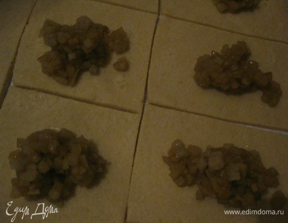 Раскатать из теста пласт толщиной 0,5 см и разрезать на квадраты. Разложить начинку, защипать пирожки и смазать топленым маслом.