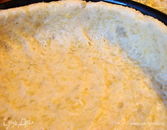  Картофель в этот раз я использовала отварной в мундире, который отварила тоже заранее.
 Очищенный картофель натереть на крупной терке, смешать с мукой и солью.     Добавить яйца и растопленное охлажденное масло. Замесить тесто. 
 Советую сначала добавить 200г муки, остальную уже по мере вымешивания.
 Форму смазать сливочным маслом, обсыпать панировочными сухарями.
 Выложить тесто, распределив равномерно и сделав высокие бортики.
 Поставить в морозилку на 15-30 минут. Можно и до полного застывания, разницы я не почувствовала...
 