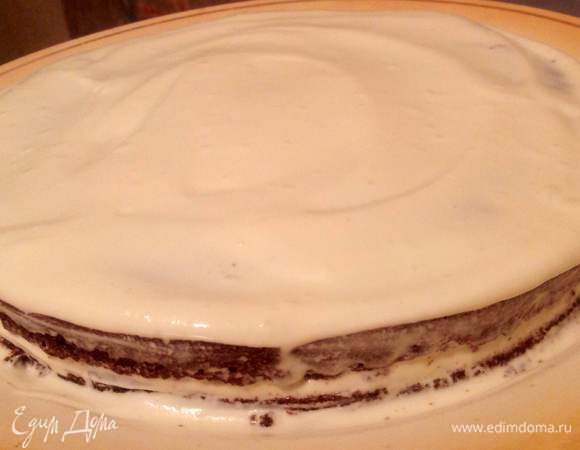 Крем:  300 г сметаны 30% или сливок 33%  взбить с 6 ст ложками сахарной пудры и намазать сначала нижний корж, накрыть вторым коржом и намазать верхний корж, крем не жалейте, мажьте густо.