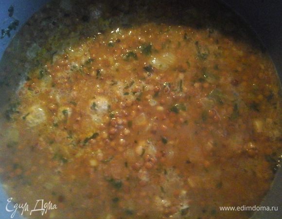 Добавить воду и все специи (я еще добавляю кубик овощного бульона)
готовить на медленном огне окло 1 часа.