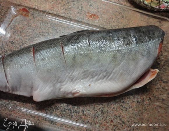 Подготовить тушку рыбы и сделать неглубокие надрезы поперек на коже. Уложить в форму для запекания.