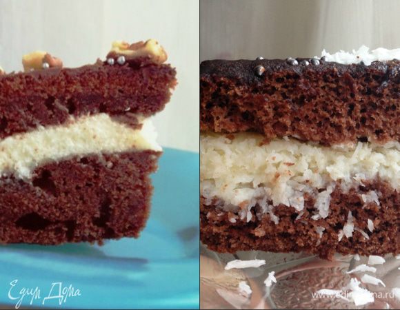 Тортики не нуждаются в пропитке - их можно вкушать сразу.
И вот наши 2 варианта: 1 - масляный бисквит (мягкий, как пух) + манный крем с измельченной кокосовой стружкой;
2 - легкий, воздушный, пропитанный сливками бисквит + заварной крем из кокосовой стружки с маслом.
Двойное "райское наслаждение"!
Приятного аппетита!