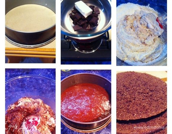 ШОКОЛАДНЫЙ БИСКВИТ:
У меня разъемная форма 26 см, поэтому количество ингредиентов я пересчитала для своей формы (в оригинале рецепта форма 20 см).
Форму застелить пекарской бумагой. Духовку разогреть до 180 градусов.

На водяной бане растопим шоколад со сливочным маслом.

Отделить белки от желтков.

Белки взбиваем с щепоткой соли.

Взбиваем желтки с сахаром  и ванильным сахаром добела. Добавляем к желткам растопленный шоколад с маслом и мелкую кокосовую стружку (я измельчила в блендере).

Добавляем попеременно в полученную массу просеянную муку с разрыхлителем и взбитые белки. Аккуратно перемешиваем тесто лопаткой до однородной консистенции.

Полученное тесто выкладываем в форму, поверхность разровнять и выпекать 25-30 минут в зависимости от духовки.

Готовность проверить деревянной шпажкой. Готовый бисквит разрезать на 3 коржа.
