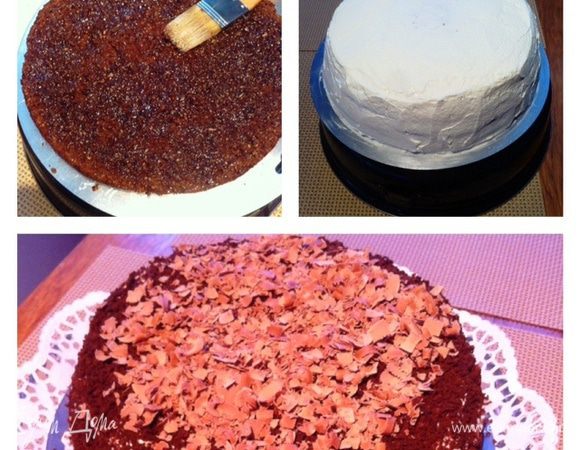 СБОРКА ТОРТА:
Приступаем к завершающей фазе, т.е. к сборке торта.
Нижний бисквитный корж положить на блюдо, пропитать его сиропом с маракуйей и покрыть тонким слоем курда(крема).
Накрыть одним кругом безе и нанести на него еще один слой крема.
Затем процедуру повторяем - шоколадный бисквит, сироп, крем, безе, крем.
Накрываем последним шоколадным коржом и тоже пропитываем сиропом.
Покрываем верх и бока торта слоем взбитых сливок, посыпаем крошкой из шоколадного бисквита без муки.
