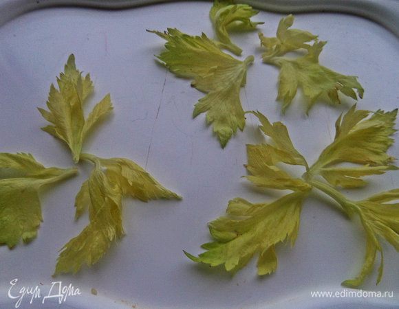Приготовить заранее плоскую тарелку и выложить листики петрушки или сельдерея. Смешать масло и сок. 