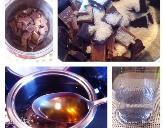 Ломаем шоколад на кусочки (в моем случае преобладает молочный шоколад, в оригинале рецепта горький, выбирайте на свой вкус). 
Выкладываем шоколад в сотейник, сверху посыпаем сахаром ( у меня коричневый и только 2 ложки, по рецепту было 4).
Сверху наливаем воду, затем добавляем коньяк (можно использовать бренди, виски, кленовый сироп и так далее. Используем что-то жидкое и с крепким вкусом. Мусс от этого становится объёмнее/пышнее)))).  