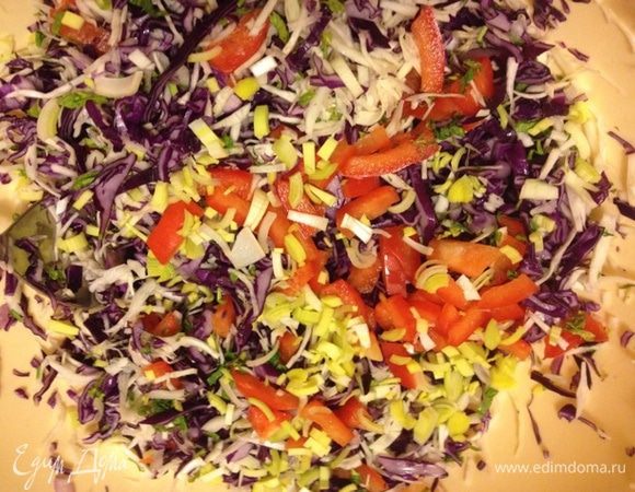 Нашинковать белую капусту, чуть помять с небольшим количеством соли. Лук-порей беру 5 см, мелко режу. Затем зелень. 
Соединить все ингредиенты. 