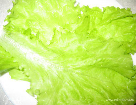 На дно тарелки выложить листья салата, по 3- 4 листа на каждую. Сбрызнуть заправкой.