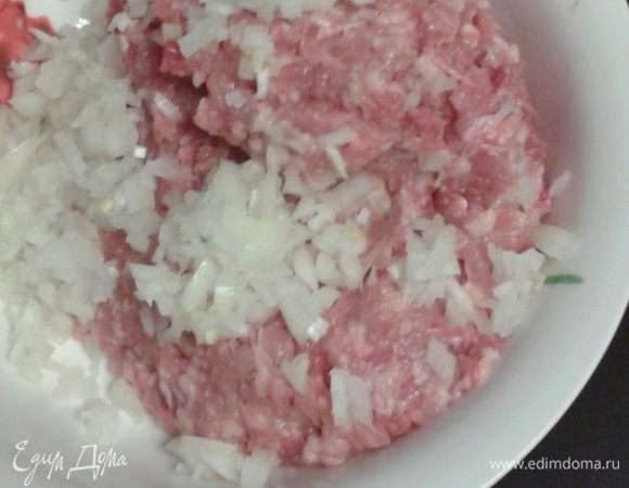 Берем  фарш  приготовленный из  50% индейки, 50% курицы,  добавляем мелко порезанный лук, солим, перчим. 
