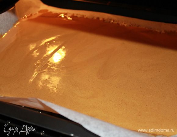 Растворить кофе в воде, добавить коньяк. Желтки взвить, соединить с кофейной жидкостью. Просеять крахмал и разрыхлитель. Перемешать. Выпекать на пергаменте как обычный бисквит на 180 градусов 10 минуток. Разрезать на 2 части  9*23.