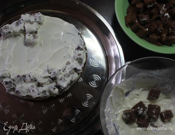 Первый корж хорошенько смазываем кремом (кто любит совсем влажные торты, то пропитайте его каким-нибудь сиропом). 
Обмакиваем кубики в крем и выкладываем в хаотичном порядке на корж (это дело можно доверить вашим маленьким помощникам)))).

