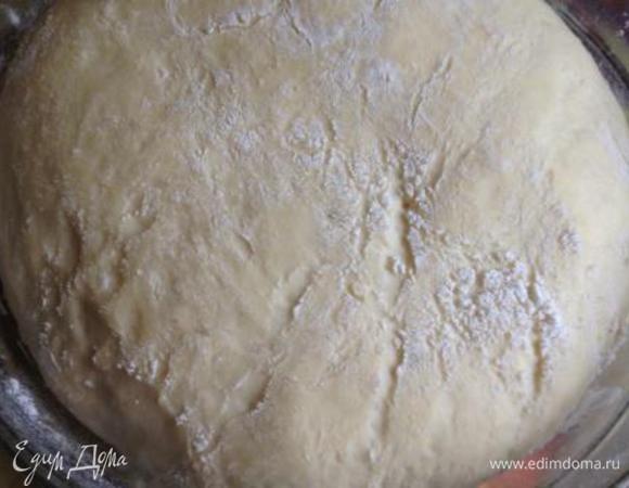 В дрожжи добавить кефир, яйцо, соль, растительное масло, просеять частями муку, замесить тесто, накрыть его и поставить в теплое место на 1 час для подъема. Затем тесто обмять и разделить на 2 равные части. 1 накрыть и оставить.