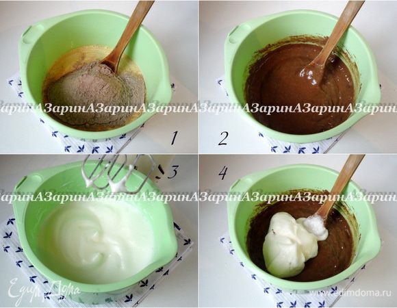 Муку черемуховую, пшеничную, какао, соду и разрыхлитель1 и 1/3 ч.л. просеять. Аккуратно перемешать. Пять белков взбить до мягких пиков со щепоткой соли, постепенно добавив 40 гр. сахара. Взбитые белки ввести в тесто в три приема,...