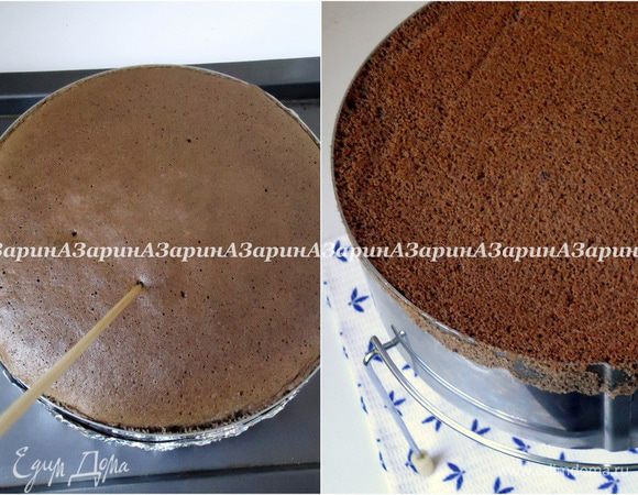 После 40 минут проверить шпажкой, если бисквит сыроват, то оставить еще на 10 минут допекаться. Не вынимая бисквит из формы перевернуть вверх дном и поставить на решетку. После вынуть из формы и дать «отдохнуть» сутки.