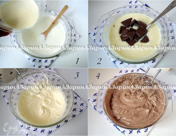 Крем для профитролей: 100 мл молока и сгущенное молоко смешать, поставить на огонь и довести до кипения. Крахмал и вторую половину ванильных семечек смешать со 100 мл молока. Влить крахмальную смесь в горячее молоко, быстро перемешать и поставить на огонь. Довести крем на медленном огне до густого состояния, не прекращая помешивания. Снять крем с огня, добавить поломанный на кусочки кофейный шоколад. Хорошо перемешать до полного растворения шоколада. Остудить крем при комнатной температуре. *Совет: Для удобства размешивания можно воспользоваться блендером. Мягкое сливочное масло (140 гр.) взбить в пышную пену. Добавить в заварной крем взбитое масло и миндальный ликер, хорошо взбить до полного объединения.* Совет: Что бы масляно-заварной крем получился и не «расслоился» все компоненты обязательно (!) должны быть одинаковой температуры, в нашем случае – комнатной.