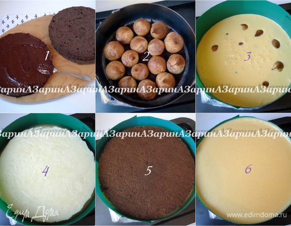 Сборка торта: Бисквит разрезать на три равных коржа, на каждый нанести шоколадную прослойку. На дно разъемной формы d = 24 см положить первый корж, промазанный шоколадной прослойкой. Бортики формы наростить файлами, т. к. торт получается высоким. На первый корж выложить профитроли и залить половиной суфле. Сверху выложить второй корж с шоколадной прослойкой и на него замерзшее крем-брюле. Сверху на крем-брюле положить третий корж шоколадной прослойкой вниз. Поверх коржа вылить вторую половину суфле. Убрать торт в холод до полного застывания. Когда торт окончательно застынет, вынуть его из формы и удалить аккуратно файлы.