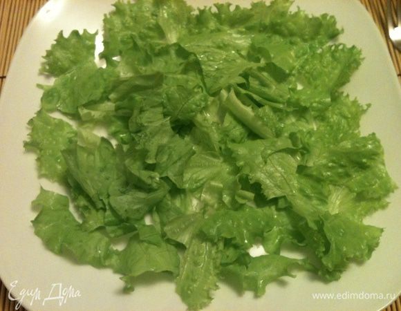 Листья салата порвать и уложить тонким слоем на тарелку.