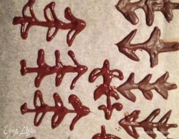 Для шоколадных ёлочек.
Положить шоколад в пищевой пакет и растопить его на водяной бане.
Отрезать у пакета тоненький уголок и на листе пергамента нарисовать ёлочки произвольной формы. Положить пергамент с ёлочками на твердую поверхность (например, доску) и отправить застывать в холодильник.