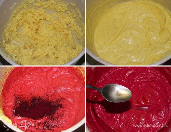 Разогреть духовку до 170 °C. Формочки смазываем сливочным маслом. Яйца взбить вместе с сахаром до бела и добавить ванильный экстракт. Добавить краситель. Я использовала сухой в порошке и потом поняла, что экономить на красителе не стоит — шапочка не получилась ярко-красная, был неравномерный оттенок :(  В кефир добавить соду и подождать несколько минут, должна подняться пена. Затем добавить растительное масло и хорошо перемешать. Добавить бренди.