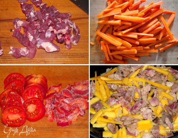 Мясо и тыкву нарезаем соломкой, лук мелко рубим ножом. На растительном масле обжариваем лук, затем добавляем мясо, приправим солью и смесью перцев, томим 5-7 минут на слабом огне до готовности мяса. Затем увеличиваем огонь и добавляем тыкву, немного обжариваем, но не даем подгореть. Охладить начинку.
